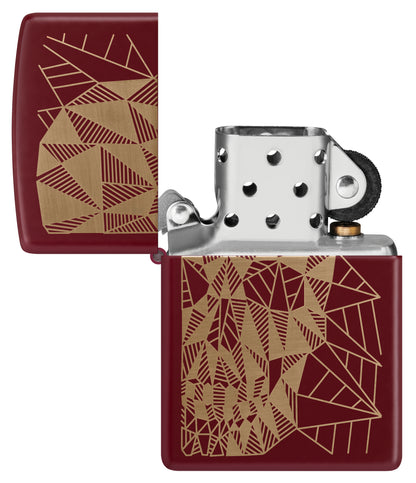 Zippo Geometric Skull Design Merlot Windproof Lighter  with its lid open and unlit.