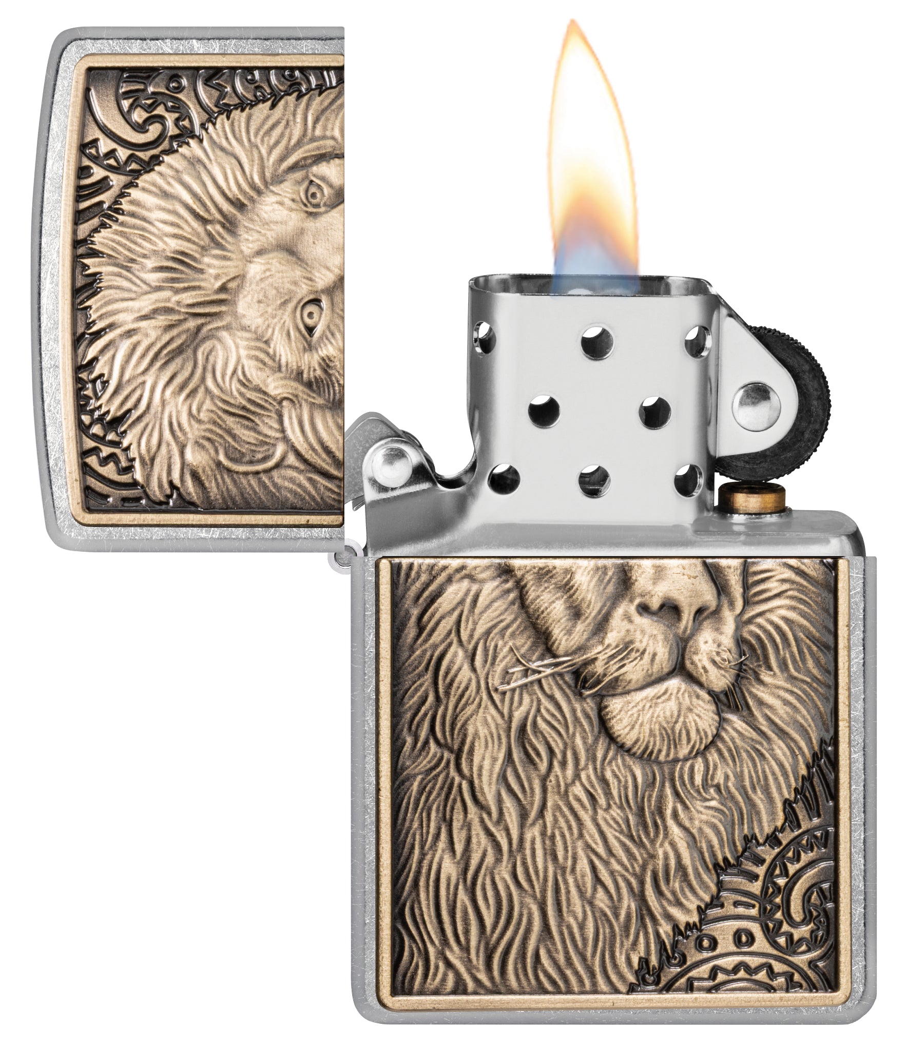 Zippo Lion Emblem Street Chrome Windproof Lighter with its lid open and lit.