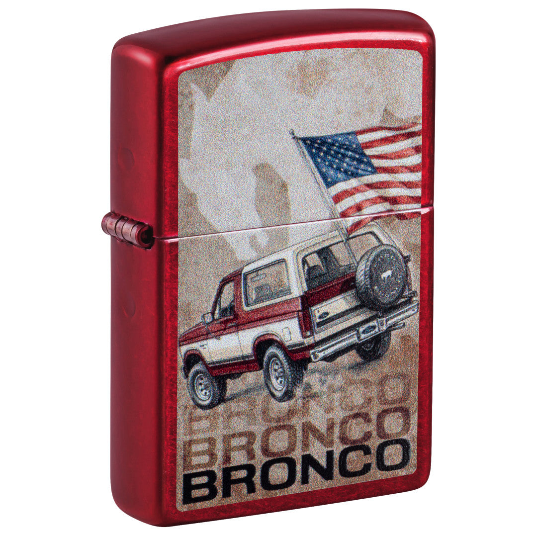 Front shot of Zippo Ford Bronco Flag Design Candy Apple Red Windproof Lighter standing at a 3/4 angle.