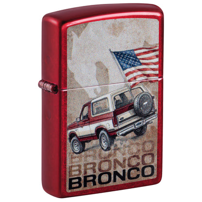 Front shot of Zippo Ford Bronco Flag Design Candy Apple Red Windproof Lighter standing at a 3/4 angle.
