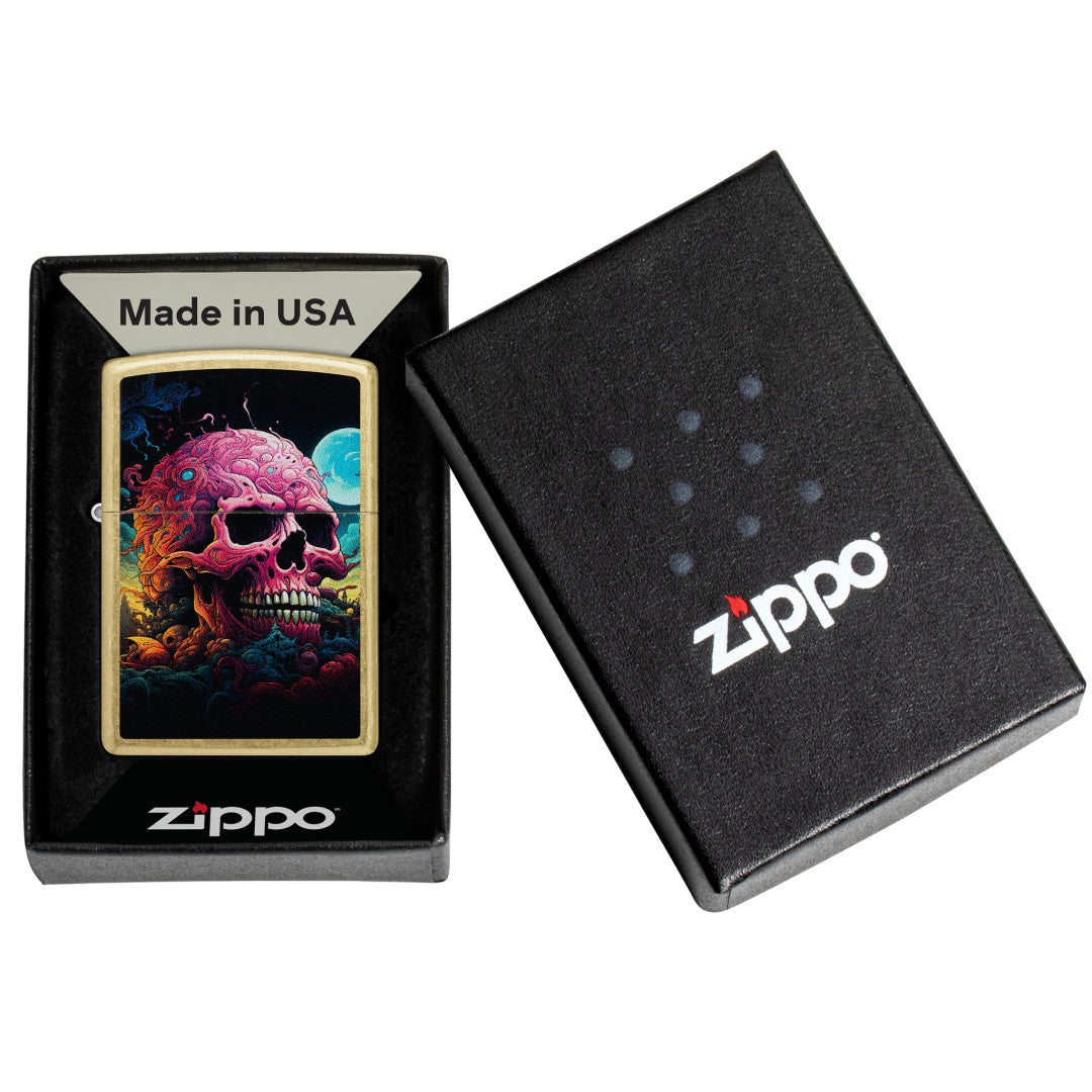 Zippo Cosmic Skull Design Street Brass Windproof Lighter in its packaging.