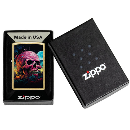 Zippo Cosmic Skull Design Street Brass Windproof Lighter in its packaging.
