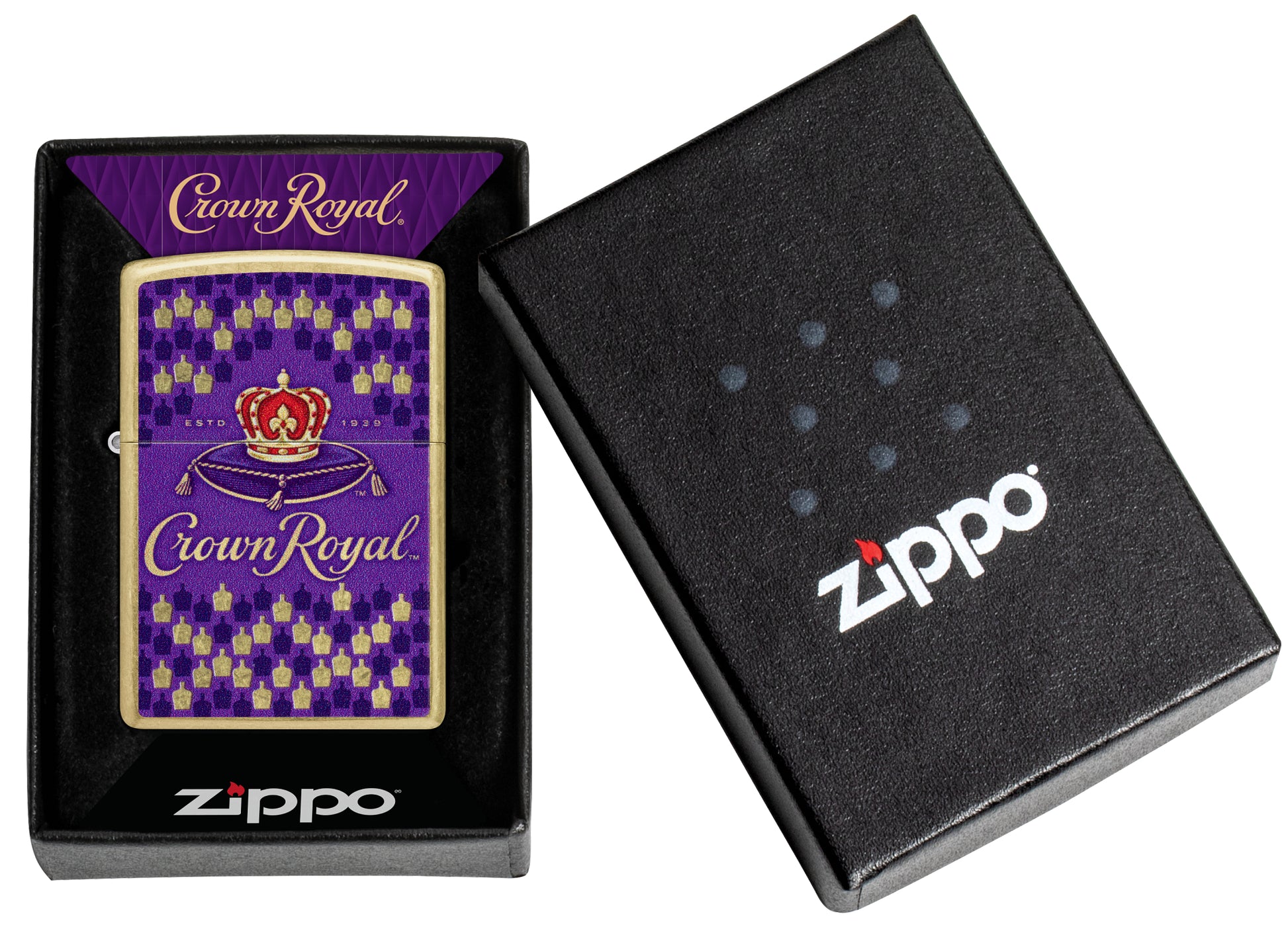 Zippo Crown Royal® Bottle Design Street Brass Windproof Lighter in its packaging.