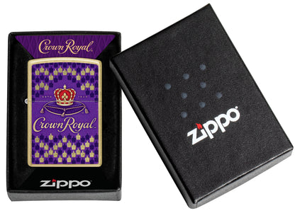 Zippo Crown Royal® Bottle Design Street Brass Windproof Lighter in its packaging.