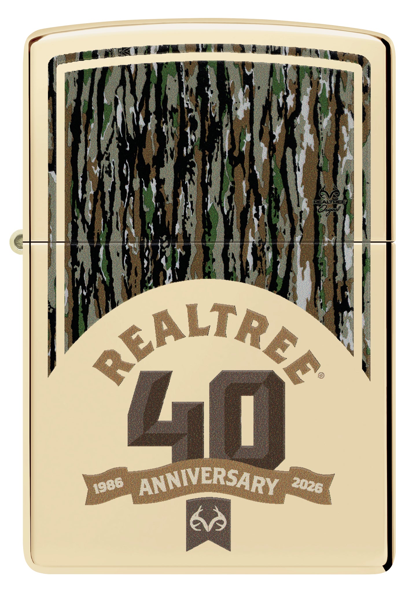 Front view of Zippo Realtree® 40th Anniversary Design Champagne Windproof Lighter.