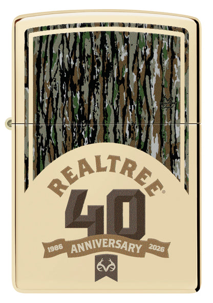 Front view of Zippo Realtree® 40th Anniversary Design Champagne Windproof Lighter.