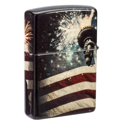 Back view of Zippo Spark of Liberty Design 540 Tumbled Brass Windproof Lighter standing at a 3/4 angle.