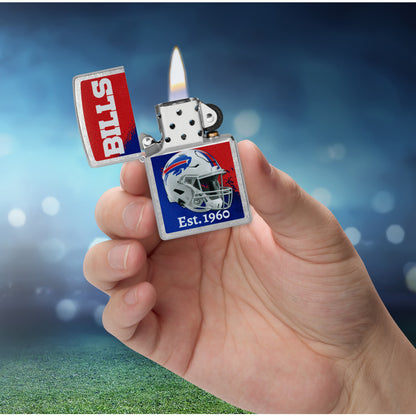 Zippo NFL Buffalo Bills Helmet Design Street Chrome Windproof Lighter lit in hand.