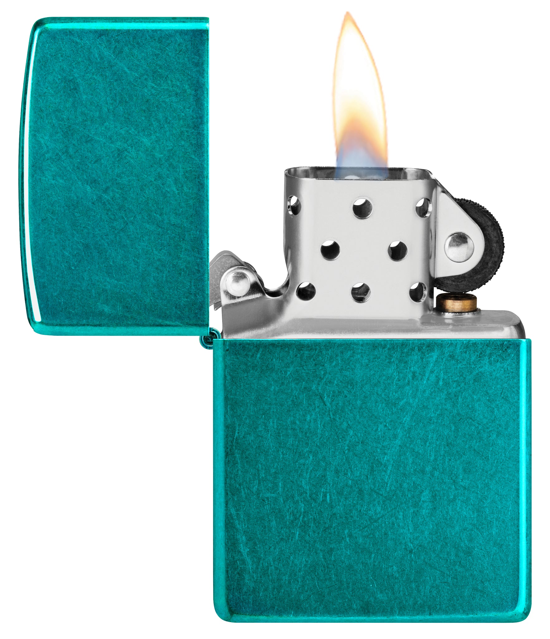 Zippo Classic Candy Teal Windproof Lighter with its lid open and lit.