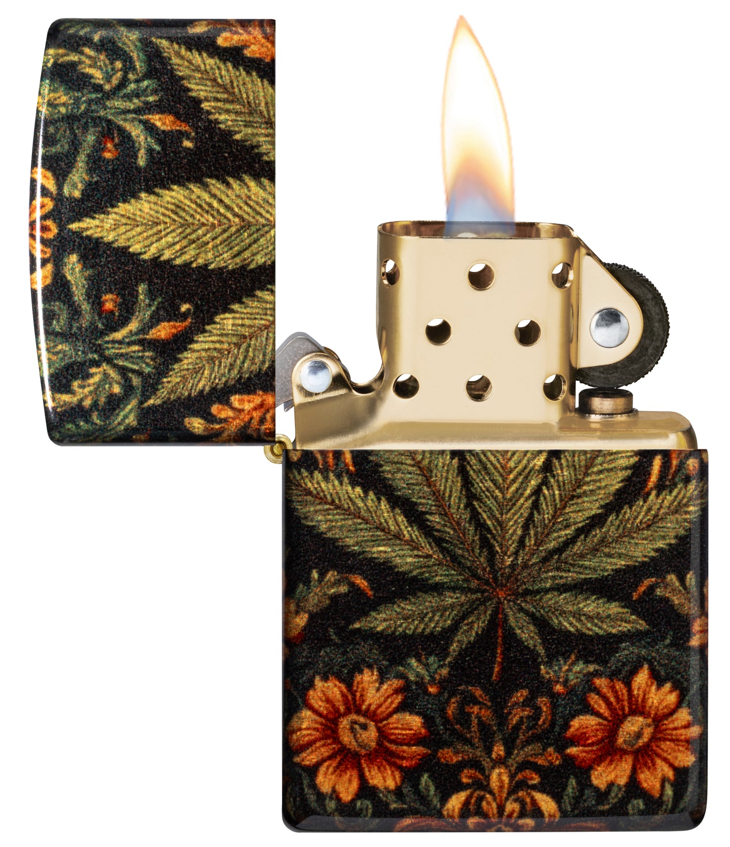 Zippo Cannabis Tapestry Design Tumbled Brass Windproof Lighter with its lid open and lit.