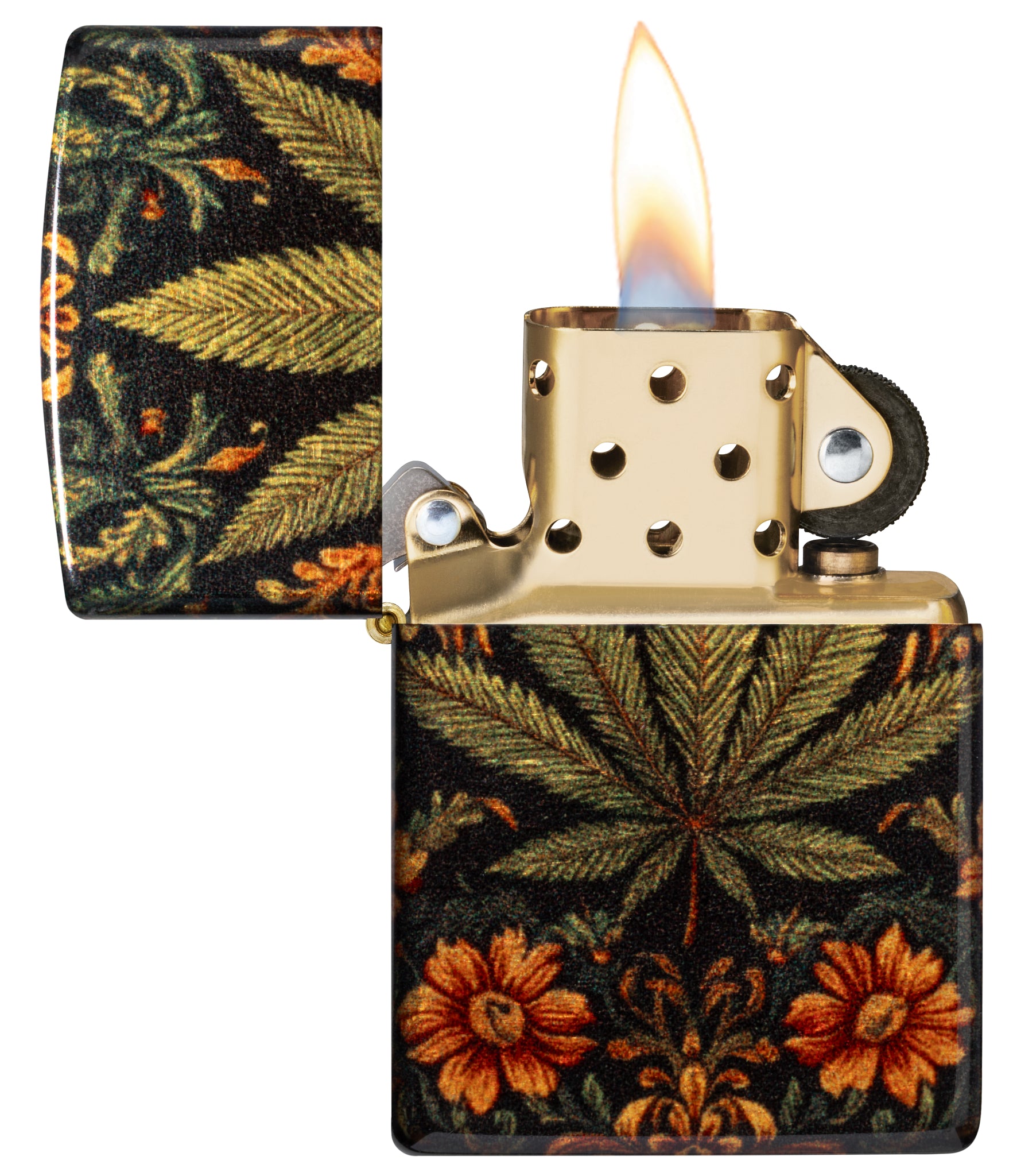 Zippo Cannabis Tapestry Design Tumbled Brass Windproof Lighter with its lid open and lit.