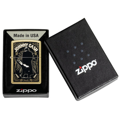 Zippo Johnny Cash Walk Design Street Brass Windproof Lighter in its packaging.
