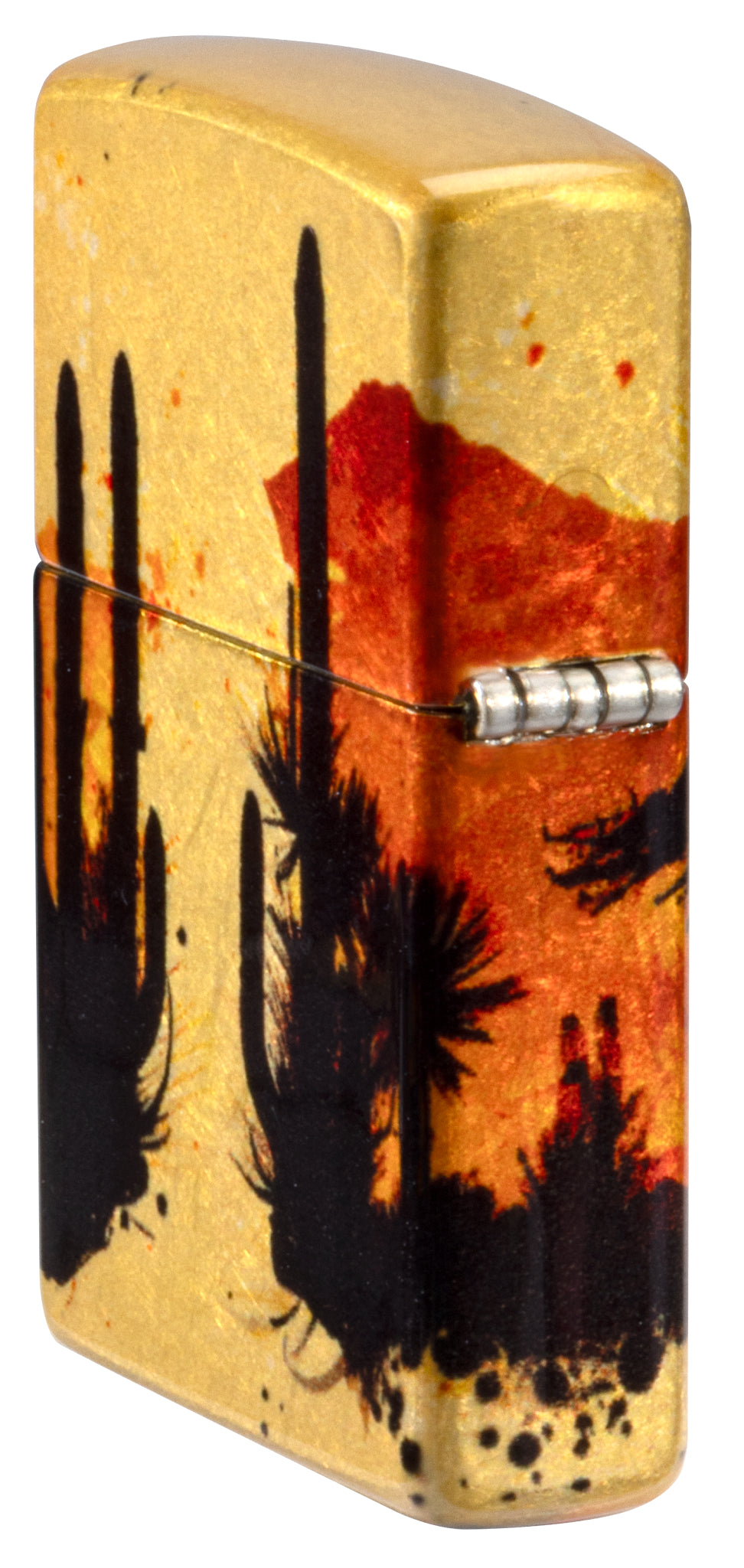 Angled shot of  Zippo Racing Wrangler Design 540 Tumbled Brass Windproof Lighter showing the back and hinge side of the lighter.