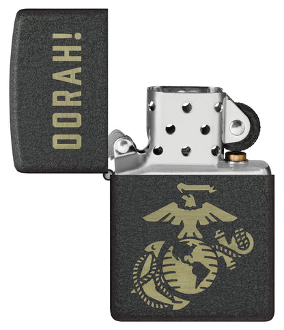 Zippo U.S. Marine Corps Oorah Design Black Crackle® Windproof Lighter with its lid open and unlit.