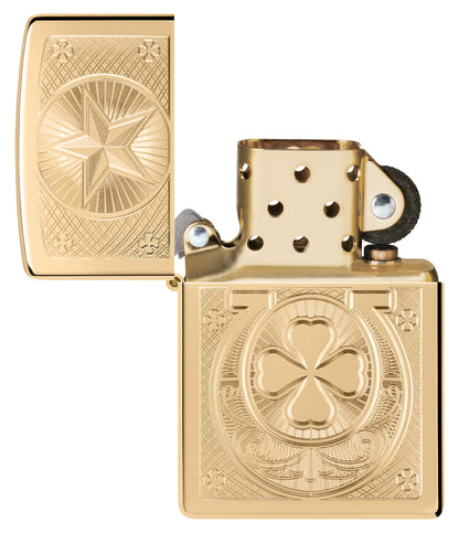 Zippo Lucky Horseshoe Design High Polish Brass Windproof Lighter with its lid open and unlit.