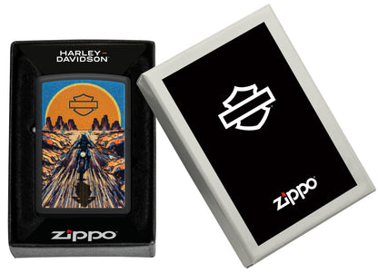 Zippo Harley-Davidson® Texture Print Design Black Matte Windproof Lighter in its packaging.