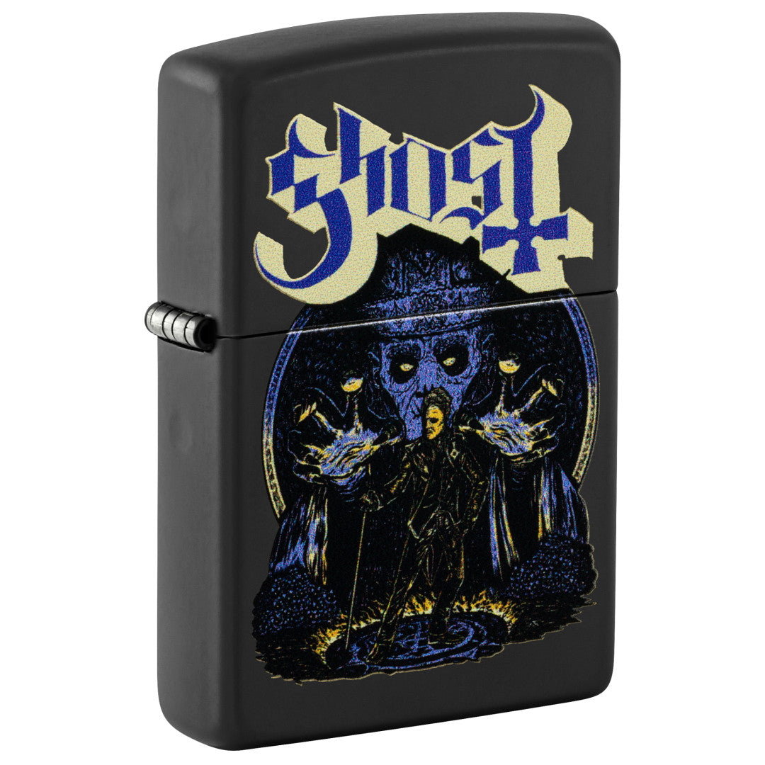 Front shot of Zippo Ghost Papa Design Black Matte Windproof Lighter standing at a 3/4 angle.
