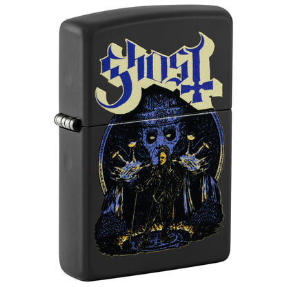 Front shot of Zippo Ghost Papa Design Black Matte Windproof Lighter standing at a 3/4 angle.