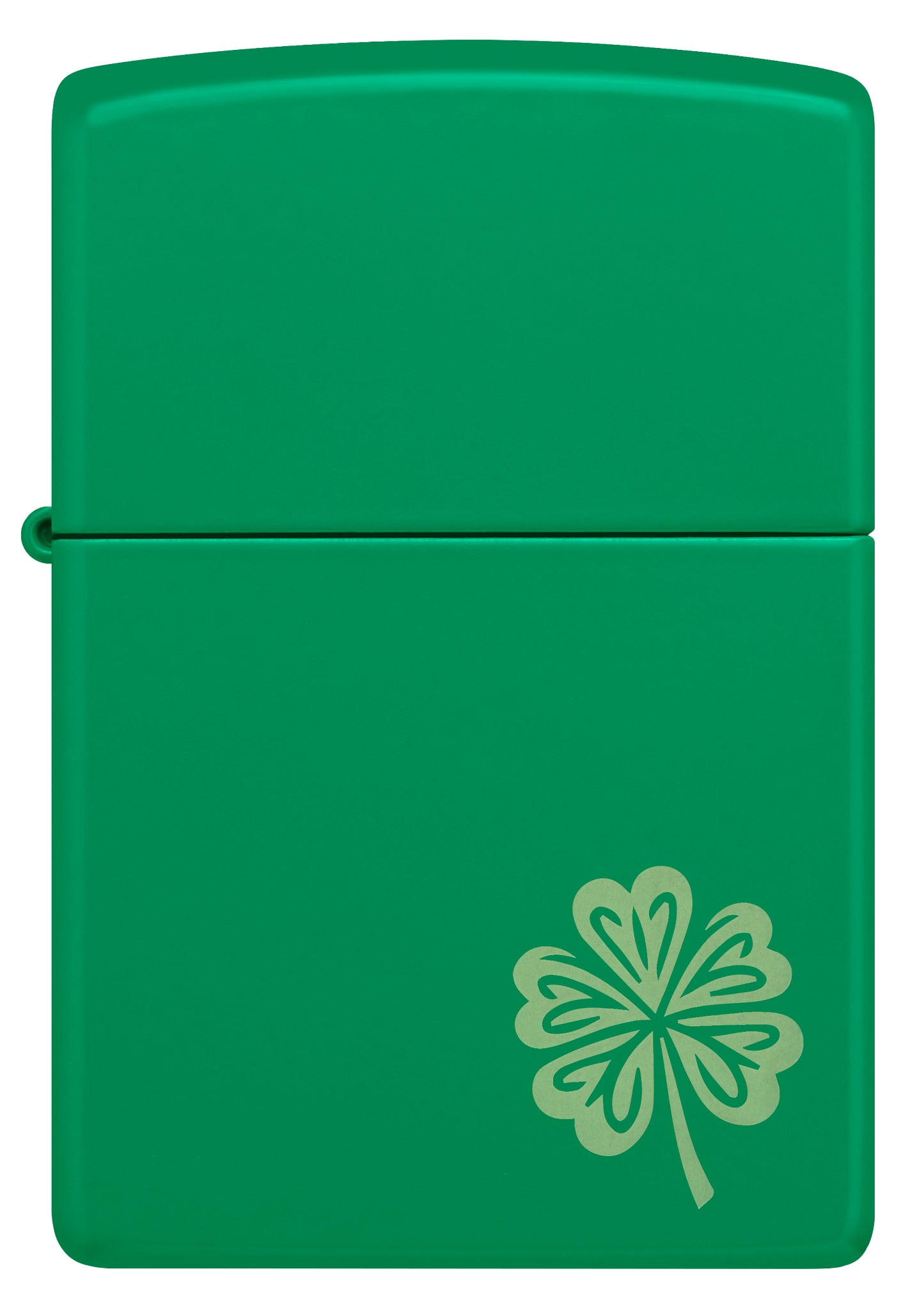Front view of Zippo Lucky Clover Design Grass Green Matte Windproof Lighter.