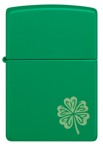 Front view of Zippo Lucky Clover Design Grass Green Matte Windproof Lighter.