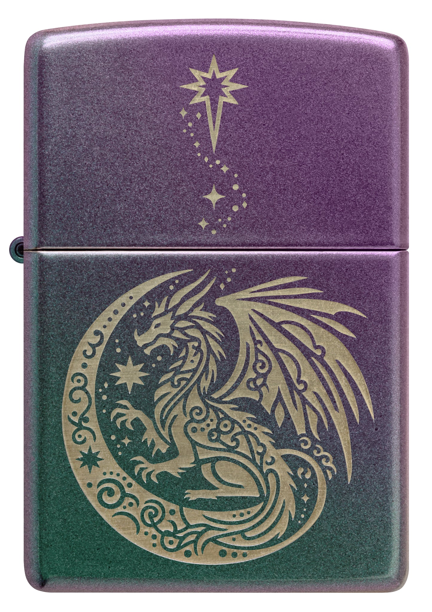 Front view of Zippo Dragon Fantasy Design Iridescent Windproof Lighter.