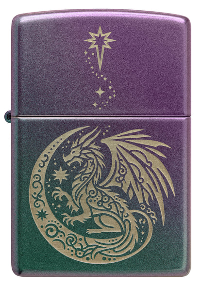 Front view of Zippo Dragon Fantasy Design Iridescent Windproof Lighter.