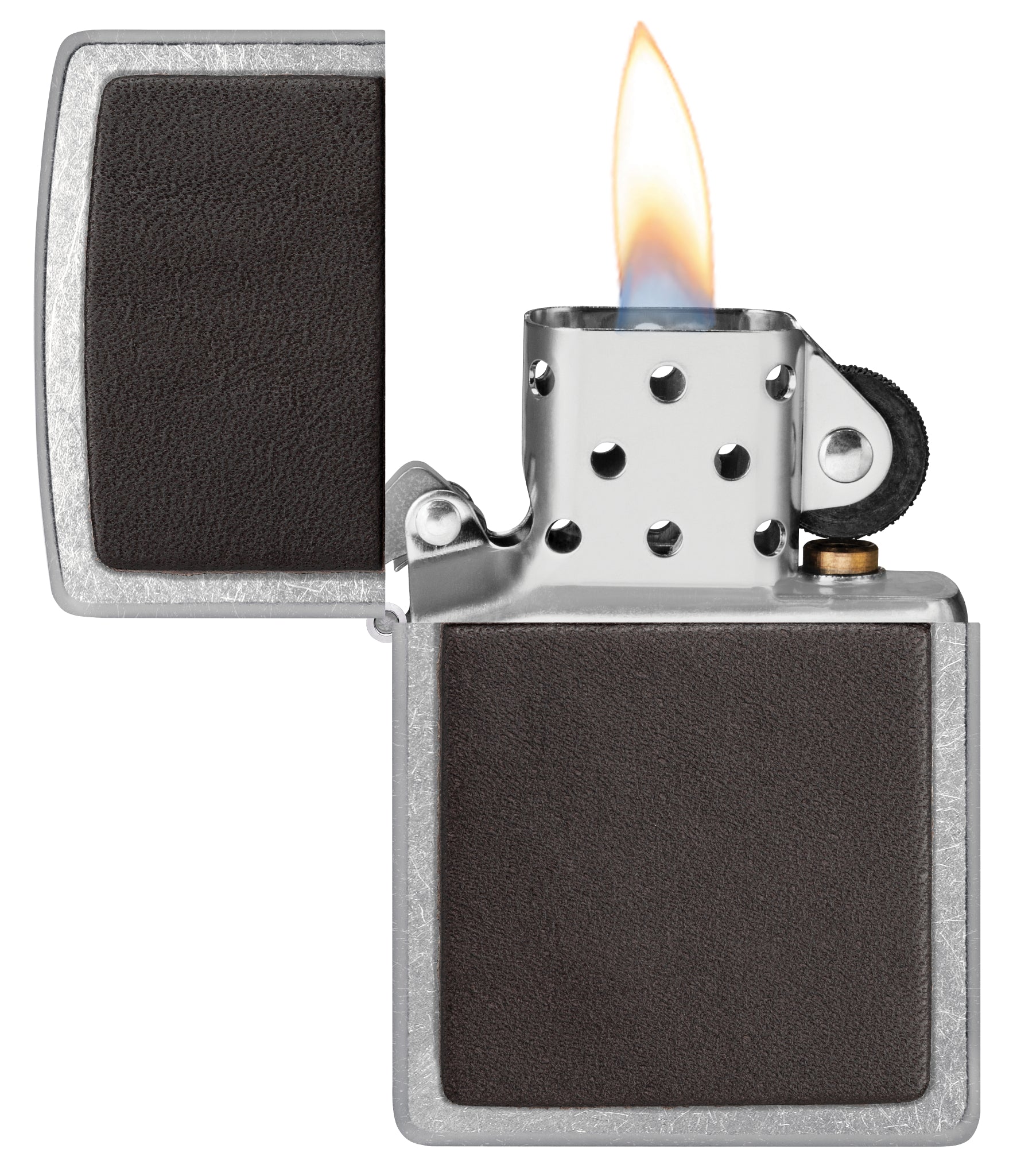 Zippo Brown Leather Emblem Street Chrome Windproof Lighter with its lid open and lit.