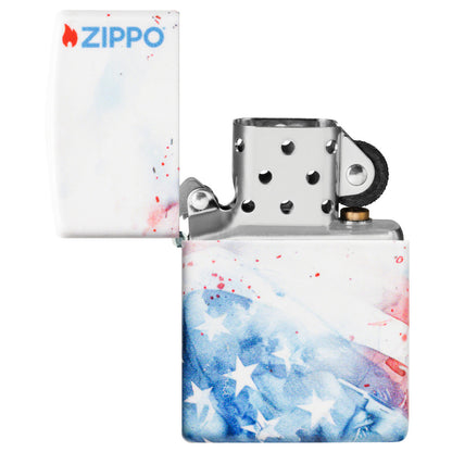 Zippo Watercolor Flag Design 540 Matte Windproof Lighter with its lid open and unlit.