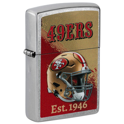 Front shot of Zippo NFL San Francisco 49ers Helmet Design Street Chrome Windproof Lighter standing at a 3/4 angle.