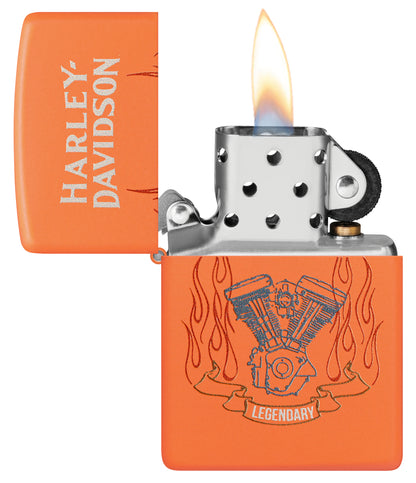 Zippo Harley-Davidson® Legendary Design Orange Matte Windproof Lighter with its lid open and lit.