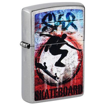 Front shot of Zippo Kickflip Design Street Chrome Windproof Lighter standing at a 3/4 angle.