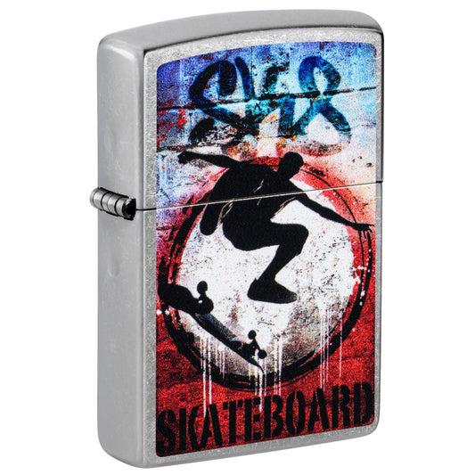 Front shot of Zippo Kickflip Design Street Chrome Windproof Lighter standing at a 3/4 angle.