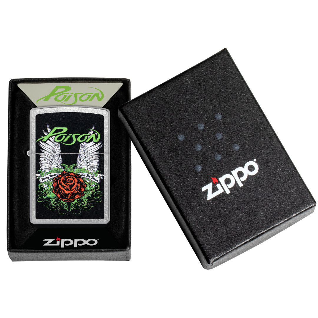 Zippo Poison Winged Rose Design Street Chrome Windproof Lighter in its packaging.