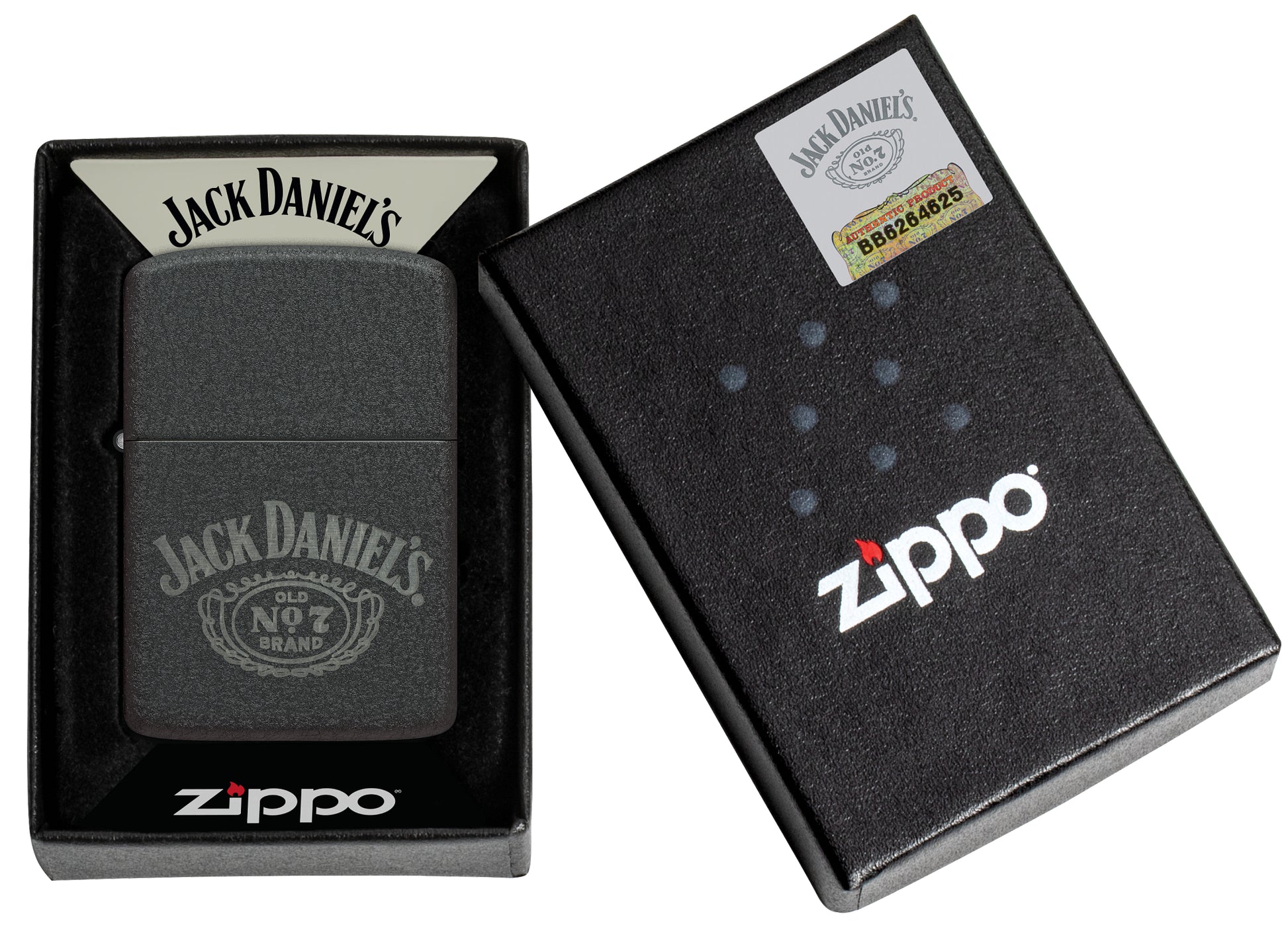 Zippo Jack Daniel's® No. 7 Design 1941 Replica Black Crackle® Windproof Lighter in its packaging.