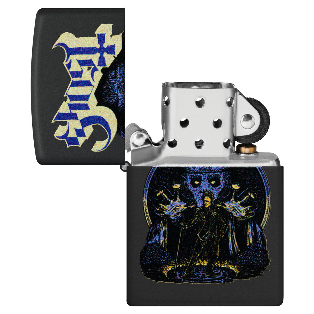 Zippo Ghost Papa Design Black Matte Windproof Lighter with its lid open and unlit.