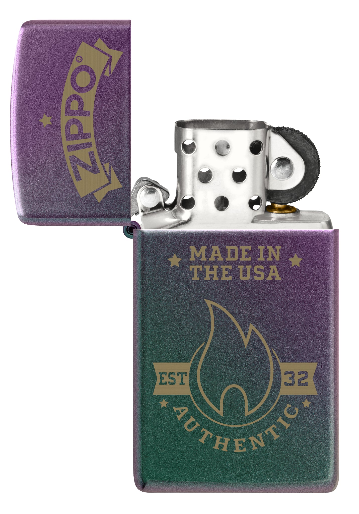 Zippo Authentic Zippo Design Slim Iridescent Windproof Lighter with its lid open and unlit.