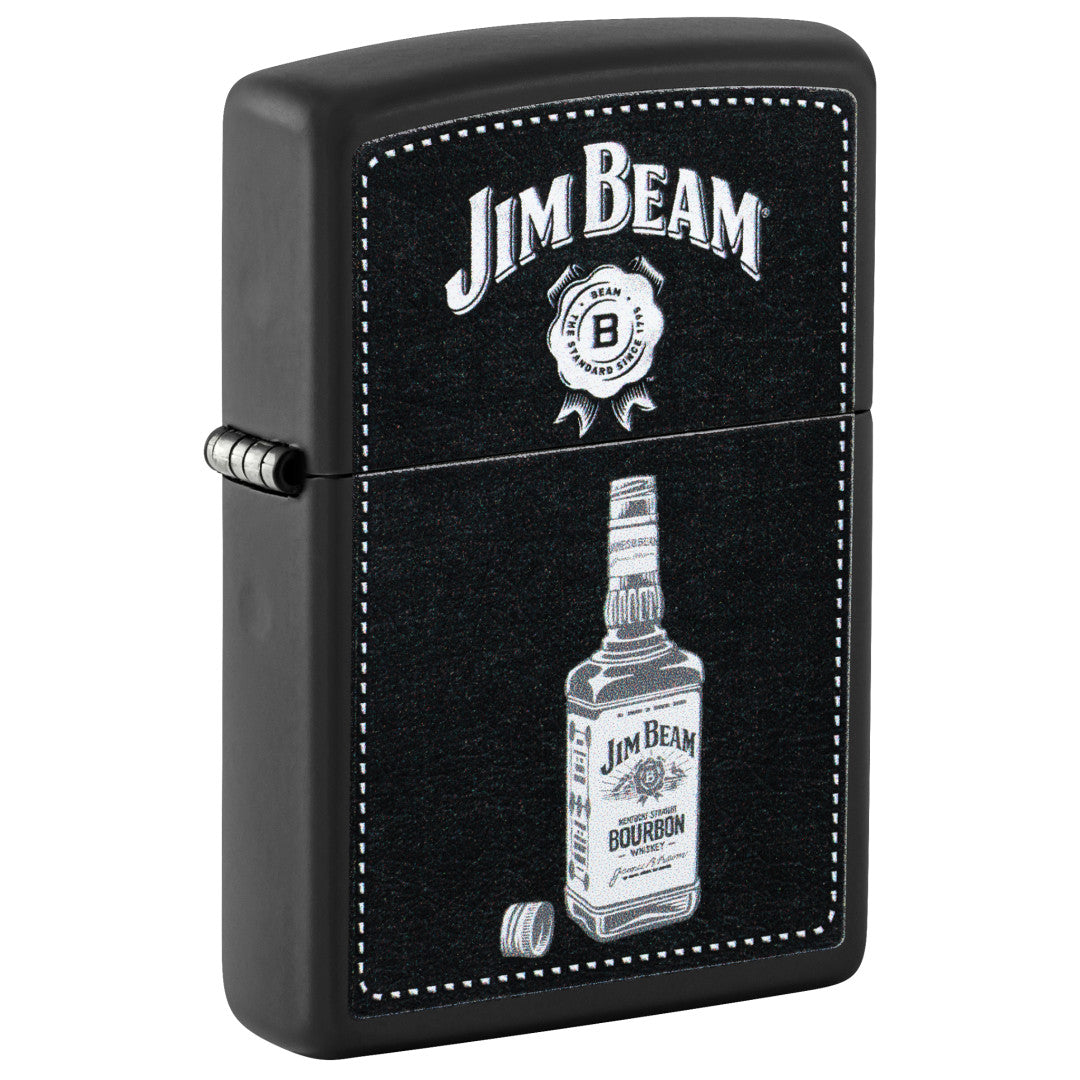 Front shot of Zippo Jim Beam® Bottle Design Black Matte Windproof Lighter standing at a 3/4 angle.