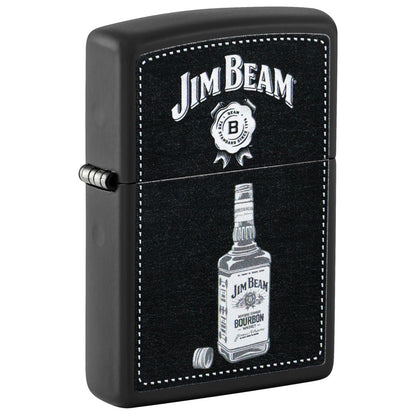 Front shot of Zippo Jim Beam® Bottle Design Black Matte Windproof Lighter standing at a 3/4 angle.