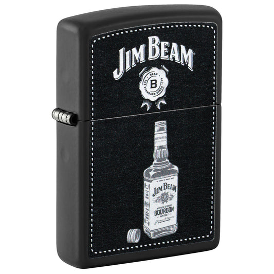 Front shot of Zippo Jim Beam® Bottle Design Black Matte Windproof Lighter standing at a 3/4 angle.