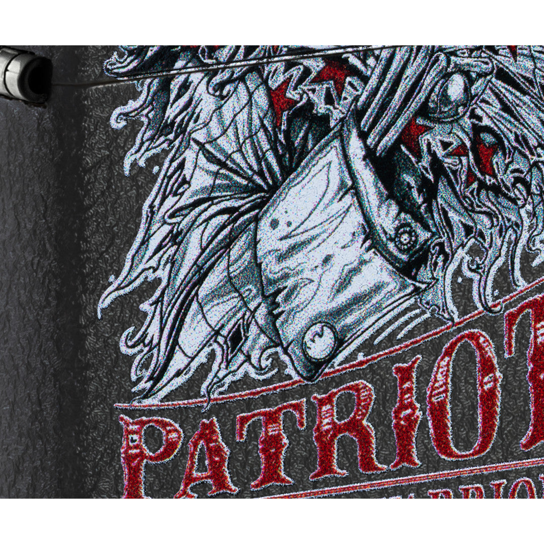 Front view of Zippo Freedom Warrior Design Black Crackle® Windproof Lighter close up to show the detail of the lighter.