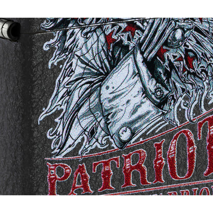 Front view of Zippo Freedom Warrior Design Black Crackle® Windproof Lighter close up to show the detail of the lighter.