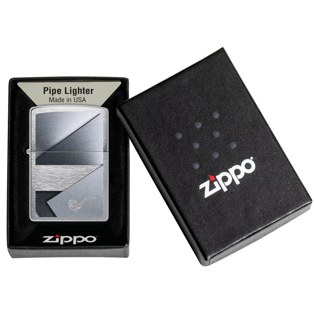 Zippo Metallic Design Pipe Lighter Brushed Chrome Windproof Lighter in its packaging.