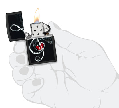 Zippo Love Clef Design Black Matte Windproof Lighter lit in hand.