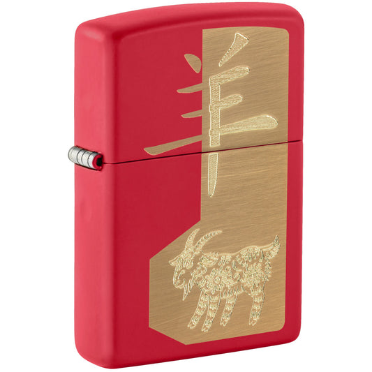 Front shot of Zippo 2027 Year of the Sheep Design Red Matte Windproof Lighter standing at a 3/4 angle.