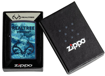 Zippo Realtree® Fishing Design Navy Matte Windproof Lighter in its packaging.