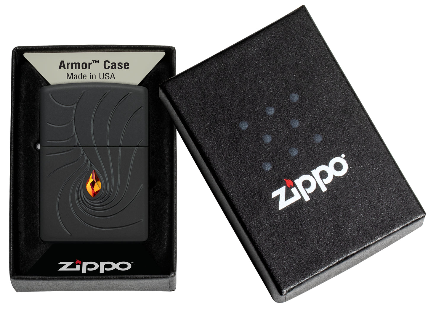Zippo Crystal Waves Design Armor® Black Matte Windproof Lighter in its packaging.