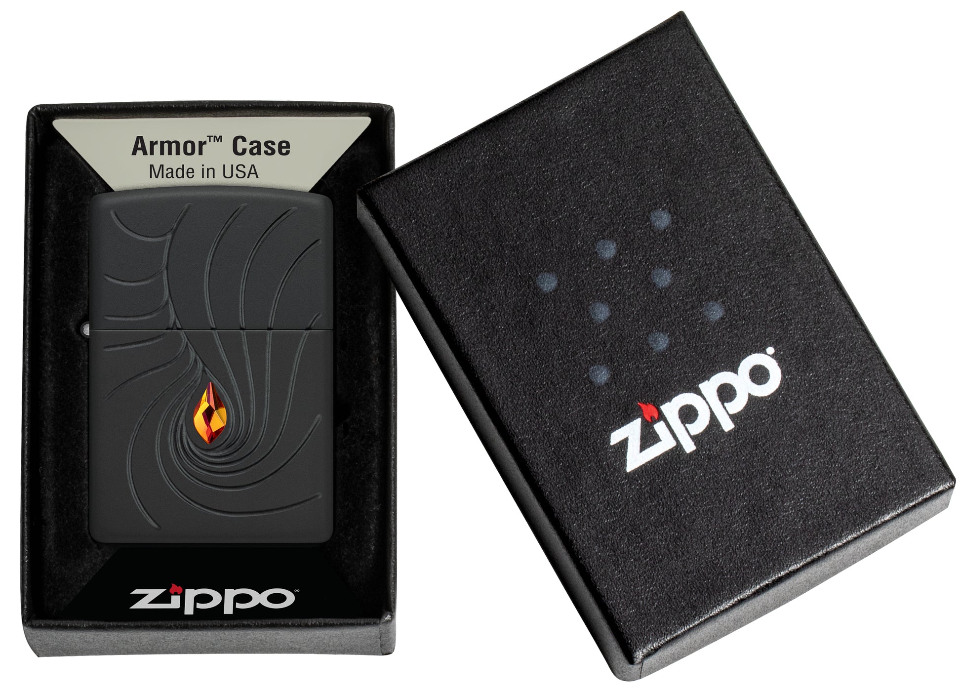 Zippo Crystal Waves Design Armor® Black Matte Windproof Lighter in its packaging.