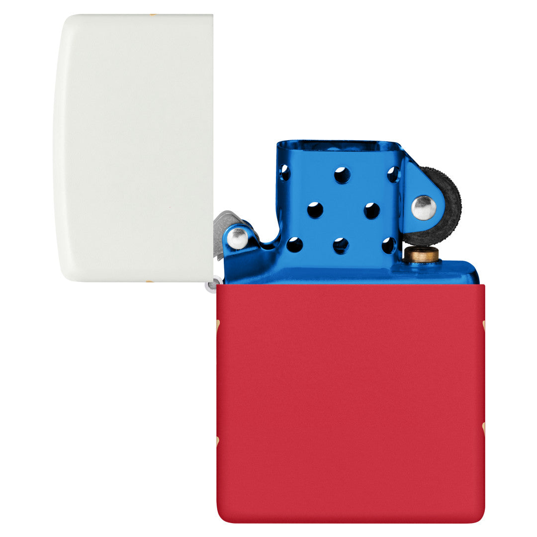 Zippo 250th Anniversary Special Edition White and Red Matte Windproof Lighter with its lid open and unlit.