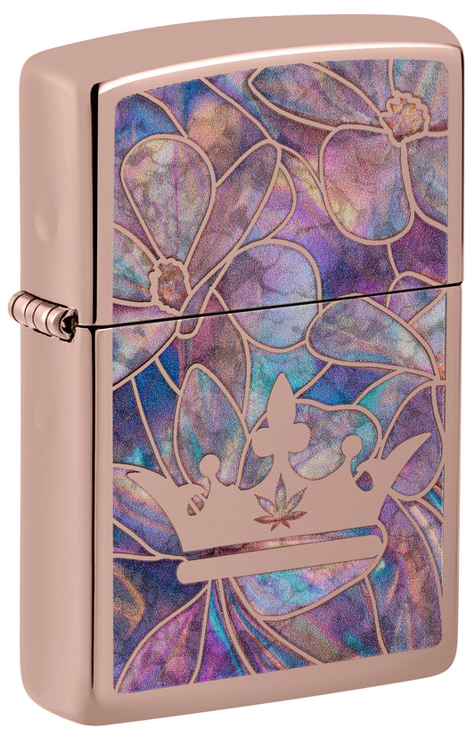 Front shot of Zippo Queen of Bud Opal Crown Design High Polish Rose Gold Windproof Lighter standing at a 3/4 angle.