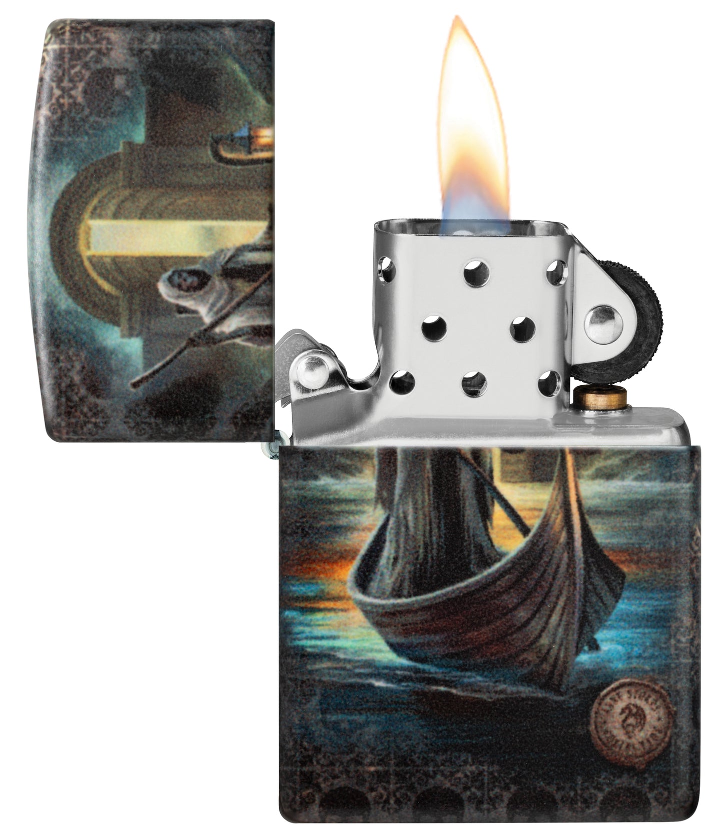 Zippo Anne Stokes The Ferryman Design 540 Matte Windproof Lighter with its lid open and lit.